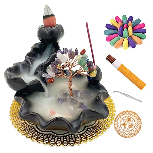 Zvaiuk Ceramic Waterfall Incense Burner, Crystal Backflow Incense Holder With Update 30 Backflow Incense Cones + 50 Incense Stick ，Mat，Tweezers, Aromatherapy Yoga Decor… (Black) #TOP23