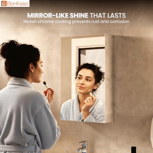 Image of BonKaso Premium Bathroom Cabinet with Mirror | 304 Stainless Steel Wall-Mounted Mirror Cabinet for Wash Basin & Bathroom Storage (10x16 Inch, Chrome Finish)