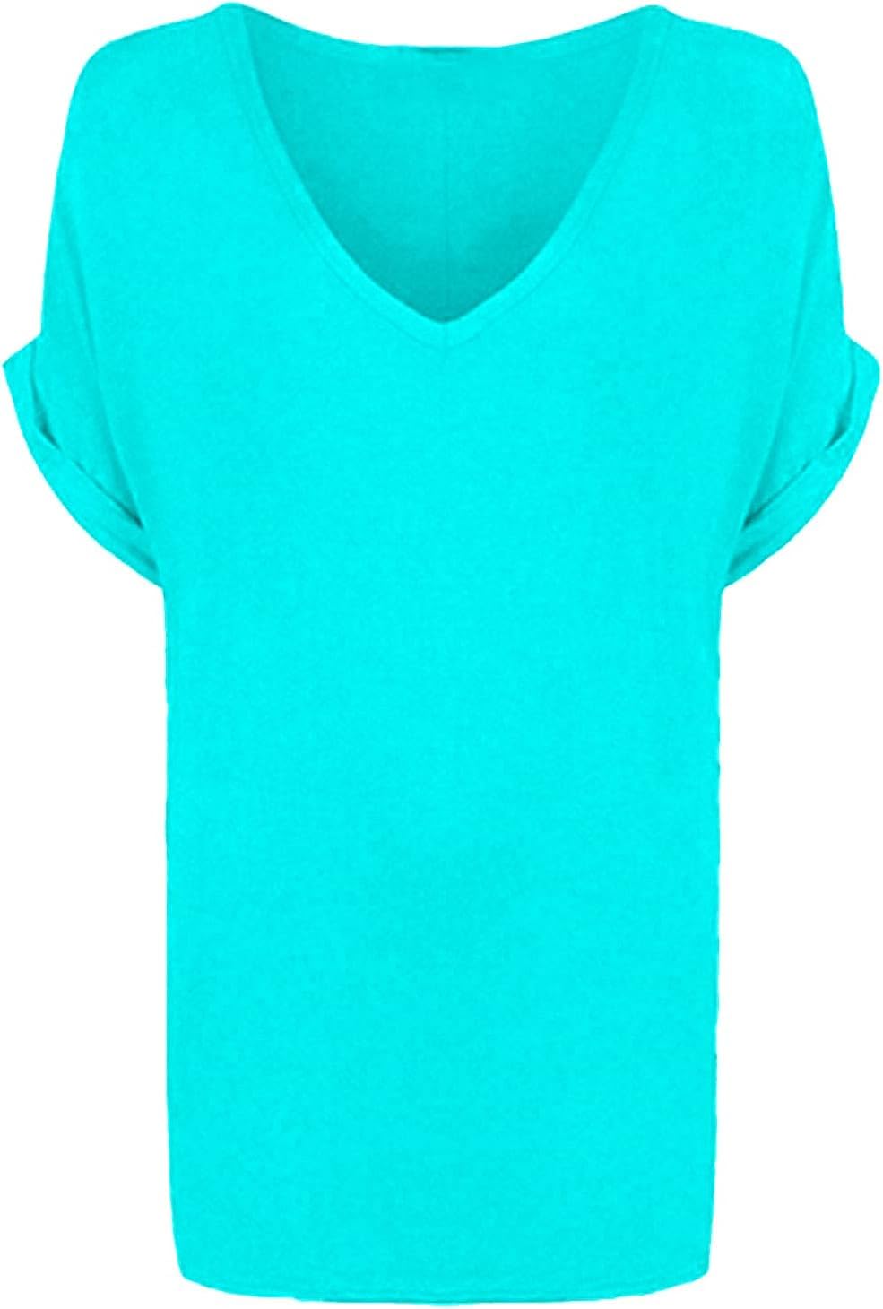 Fairy Boutique Women's Mint Turn Up Sleeve V Neck T Shirt Oversized Baggy Batwing Top Plus Size T Shirt