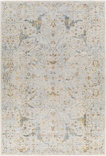 Image of Hauteloom Kunzite Living Room, Bedroom Area Rug - Floral Medallion Border Distressed Leaf - Traditional Oushak Oriental Turkish Transitional - Denim, Light Gray, Cream, Gray, Beige - 6'7 inch x 9'6 inch