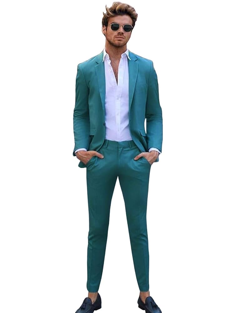 QZI Men's Suits Slim Fit Two Piece Set Party Tuxedo Teal QZI Men's Suits Slim Fit Two Piece Set Party Tuxedo Teal