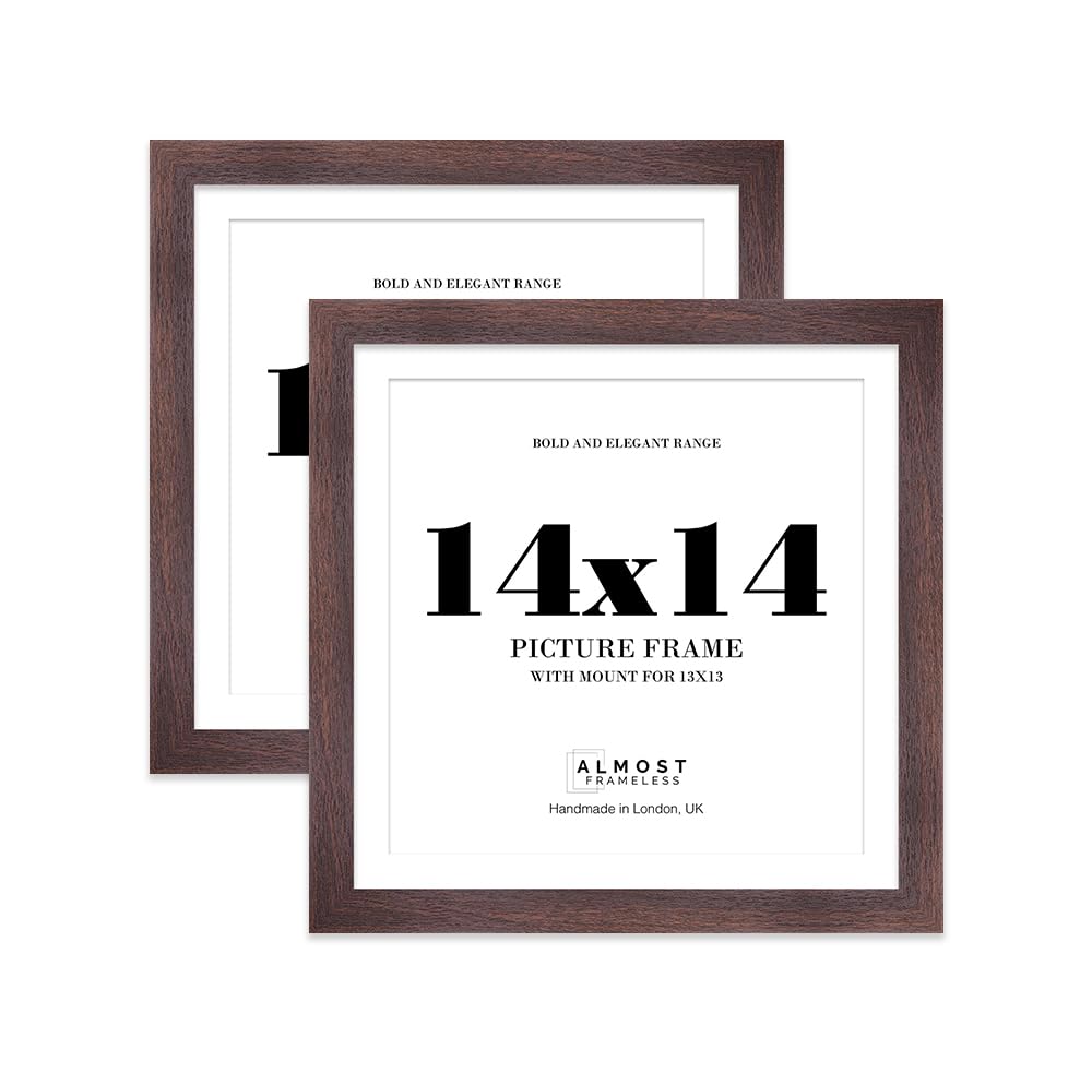 14x14" Walnut Square Frame With Mount for 13x13" Pictures 28mm Edge Frame Display with Wall Hooks, 2 Pack