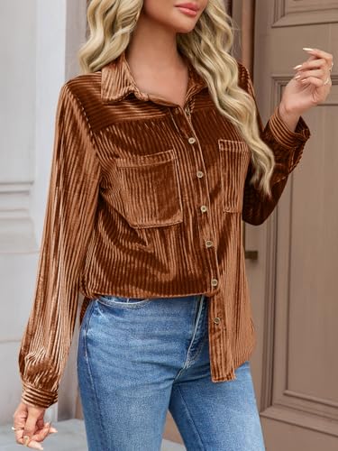 Cicy Bell Womens Velvet Button Down Shirt Casual Long Sleeve V Neck Collared Tops Fall Shacket Jacket with Pockets4