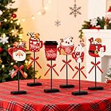 6Pcs Red Christmas Table Decor Standing Hot Cocoa Cup Tabletop Sign Rustic Wooden Centerpiece Holiday Santa Snowman Gingerbread Candy Standing Decorations for Home Kitchen Winter Party Gift