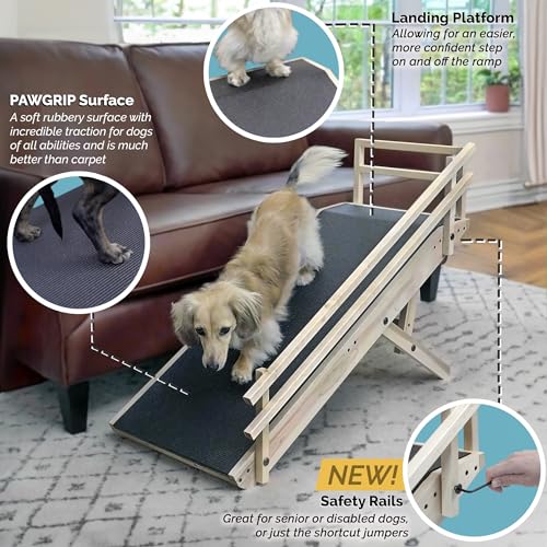 Dog Ramp for Couch with Safety Rails - Adjustable from 14" to 21" with Anti-Slip PAWGRIP & Convenient Platform Top - for Small Dogs up to 150lbs - Made of Solid Hardwood in North America