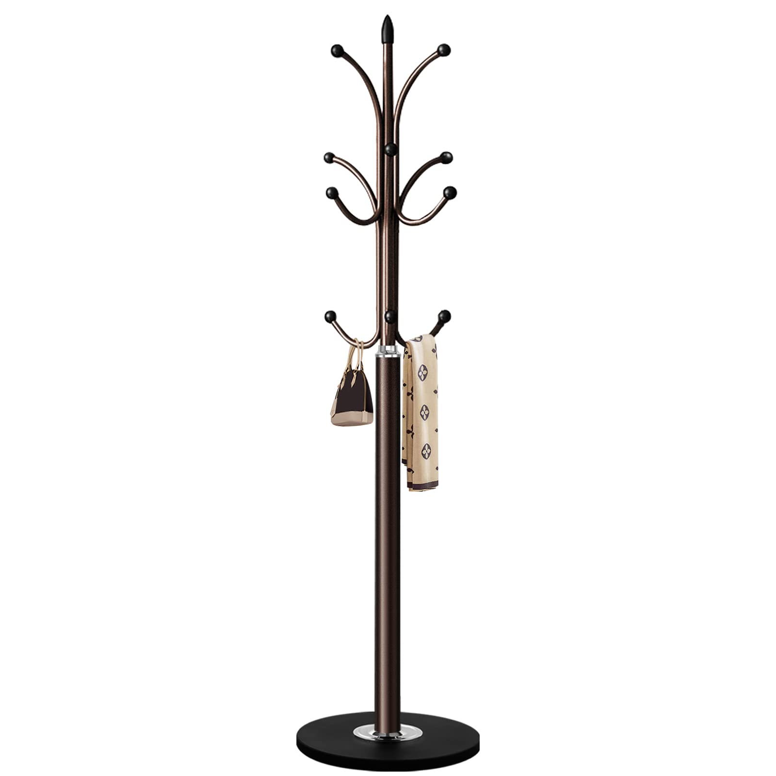 Tenkovic Freestanding Metal Coat Rack Stand, Quartz Base Hall Tree with 12 Hooks, Coat Hanger for Entryway, Hallway (Brown)