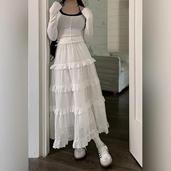 Women's Y2K Boho Ruffle Lace White Maxi Skirt Tiered Long Skirt