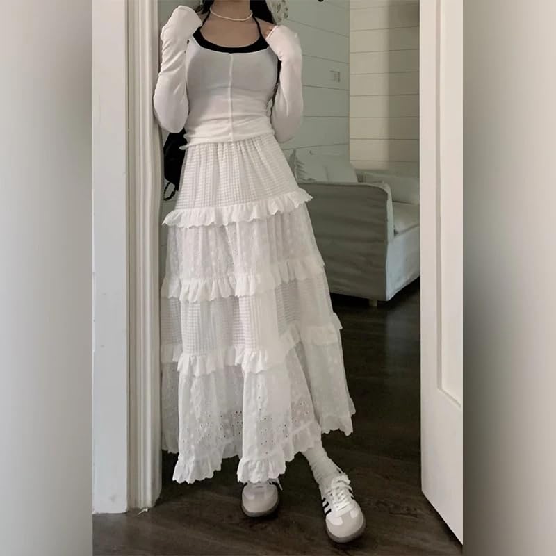 Women's Y2K Boho Ruffle Lace White Maxi Skirt Tiered Long Skirt Elastic High Waist Pleated A-Line Long Skirt4