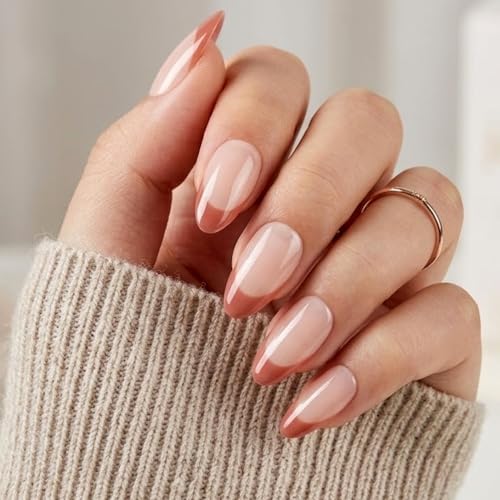 Brown Red French Tip Press on Nails Short Almond Fake Nails Glossy Nude Base Glue on Nail Full Cover Artificial Nail for Women Fall Winter Daily Office Wear 24 Pcs