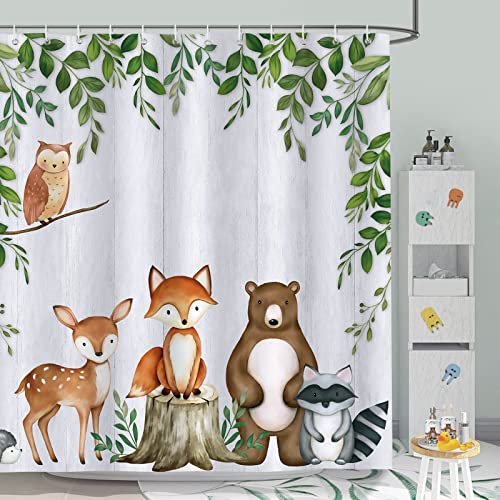 Bonhause Rideau de Douche Animaux de la Forêt Feuilles Vertes Rideau de Bain pour Enfants Tissu Polyester Anti Moisissure Imperméable Lavable Rideaux Salle...