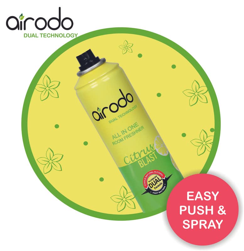 Image of AIRODO Citrus Blast Air Freshener with Dual Technology, Easy Push and Spray, Stain Removal Floral Crush, All in One Room Freshener for Home and Office (250ml, Pack of 2)
