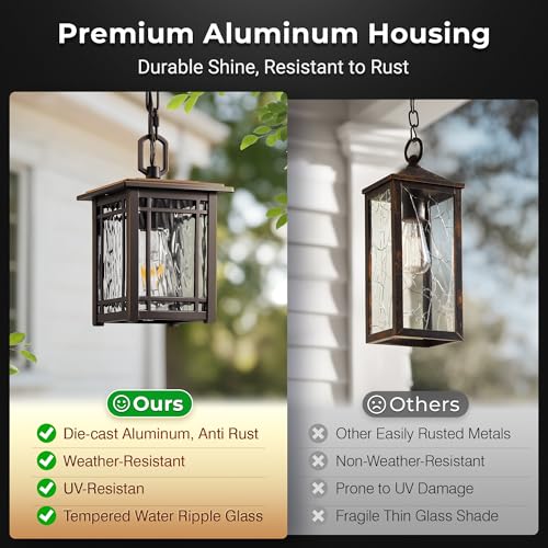 Image of Dusk to Dawn Outdoor Pendant Light, Oil Rubbed Bronze Hanging Porch Light, Exterior Pendant Lighting Fixture with Twilight Sensor, 100% Aluminium Exterior Chandelier with Adjustable Chain