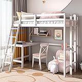 Costzon Loft Bed with Desk, Wooden Twin Size Loft Bed W/Protective Guardrail & Double Ladders, Heavy Duty High Loft Bed Frame for Kids Teens Adults, Space-Saving Design, Easy Assembly (White)