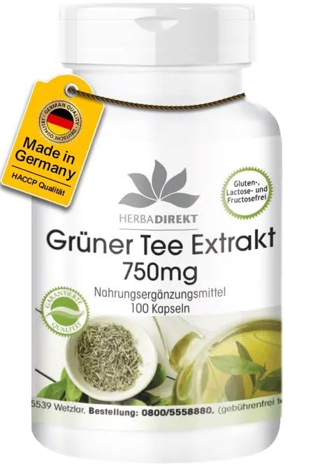 Grüner Tee Extrakt 750mg Kapseln - 100 Kapseln - Polyphenole - Catechine - EGCG - Koffein - hochdosiert - vegan | HERBADIREKT by Warnke Vitalstoffe - Deutsche Apothekenqualität
