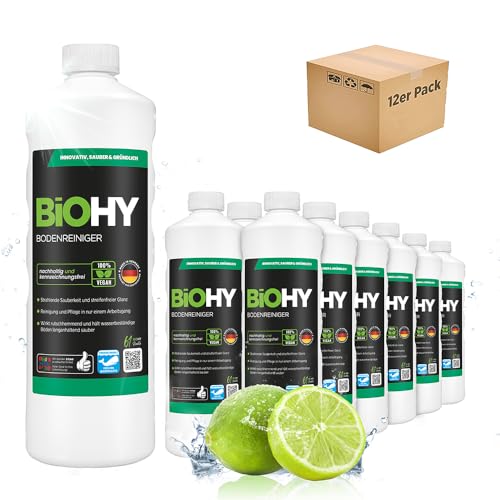 BiOHY Bodenreiniger (12 x 1 Liter) | Konzentrat für alle Reinigungsgeräte und alle Hartböden | angenehmer Geruch und streifenfreie Reinigung | ideal für Laminat, PVC & Stein | Bio Konzentrat