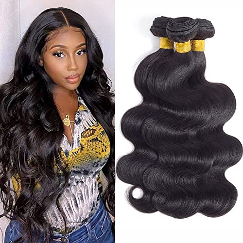 FeiBin 3 Bundles Brazilian Body Wave Hair Unprocessed 100% Human Hair Extensions 12" 14" 16" Body Wavy Weave Hair Human Bundles Natural Black Color