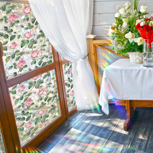 Película decorativa para ventana con flores rosas y adhesivo estático miniatura 3