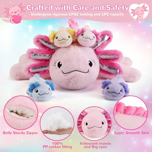 Image of 5 Pieces Axolotl Stuffed Animals with Babies Inside Belly - 1 Mommy Stuffed Axolotl with 4 Babies - Pink Axolotls Plush Toy for Kid Age 3-8, Gift Ideal for Christmas, Valentine's, Birthday
