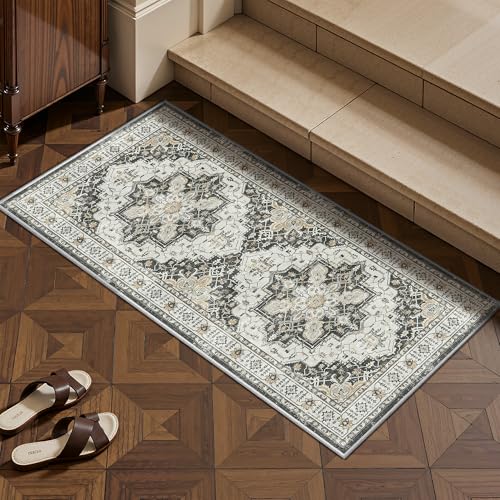 Madane Washable Area Rug 2x4, Small Entryway Rug Non-Slip Vintage Door Mat Indoor Entrance, Low Pile Floor Carpet Runner for Inside Front Door Kitchen Entry Laundry, Black
