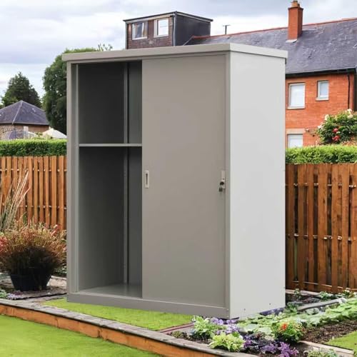 NARUKAMI【屋外収納庫 防水・防錆 頑丈スチール製】ガーデン・庭・ベランダ・農場に最適!戸外スチール物置/収納庫/倉庫 123x65x154CM 物置き おしゃれ 屋外物置 防さび ベランダ 防水 ドア 大容量でしっかり収納/安心の鍵付き設計/引き戸