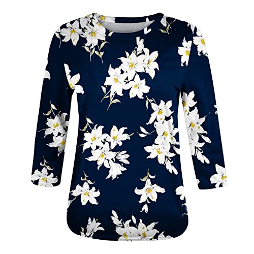 HTHLVMD Womens 3/4 Length Sleeve Tops 2025 Fall Fashion Floral Print Crewneck Causal Trendy Tunic Tops for Women
