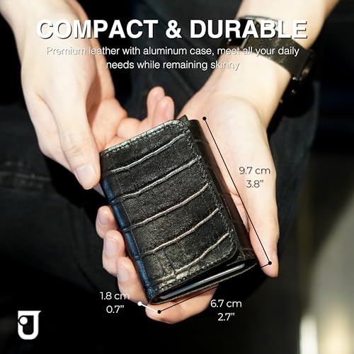 Image of Jenoss Smart Wallet For Men: Full Grain Leather, Handcrafted, Slide Metal Pop Up Case, Slim RFID Blocking Credit Card Holder, Minimalist Compact, 6-8 Cards Organizers, Front Pocket, Money Clip (Black)