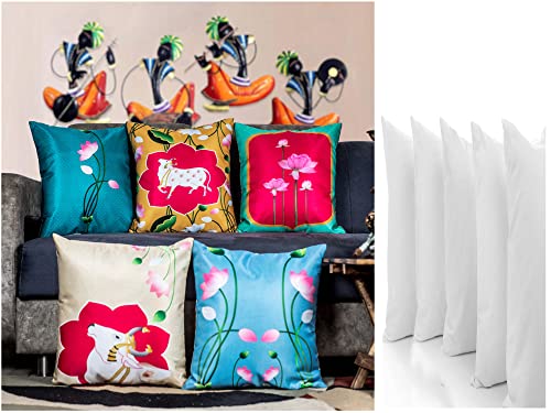 Image of Rajasthani Satin 250TC Cushion Pillow Covers, Multicolour, Set of 5 (12X12 Inches with Fillers, Lotus Cow)