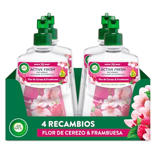 Air Wick Active Fresh Spray Automatico Sin Aerosol - Ambientador para casa con aroma a Flor de Cerezo & Frambuesa - Pack de 4 Recambios (228mlx4)