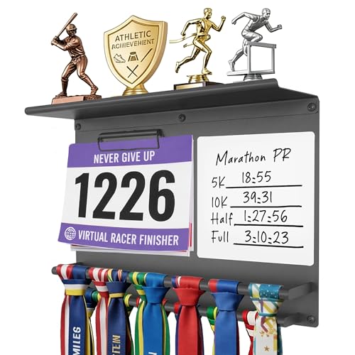 Image of Running Medal Hanger Display with Trophy Shelf, Race Bib Holder and Whiteboard, 2-Bar Medal Holder for 50+ Medals with Flag Magnets, Marker, Wall Mounted, Grey