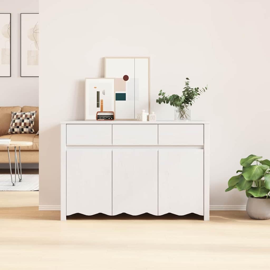Credenza bianca, 114 x 43 x 75,5 cm, in legno massello di pino con