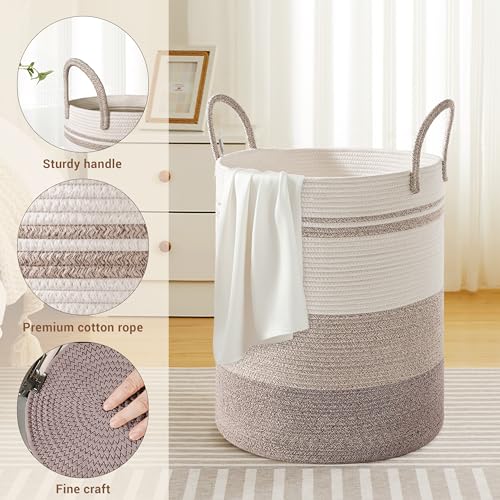Image of 88L Large Tall Cotton Rope Laundry Basket with Handles, Brown Striped