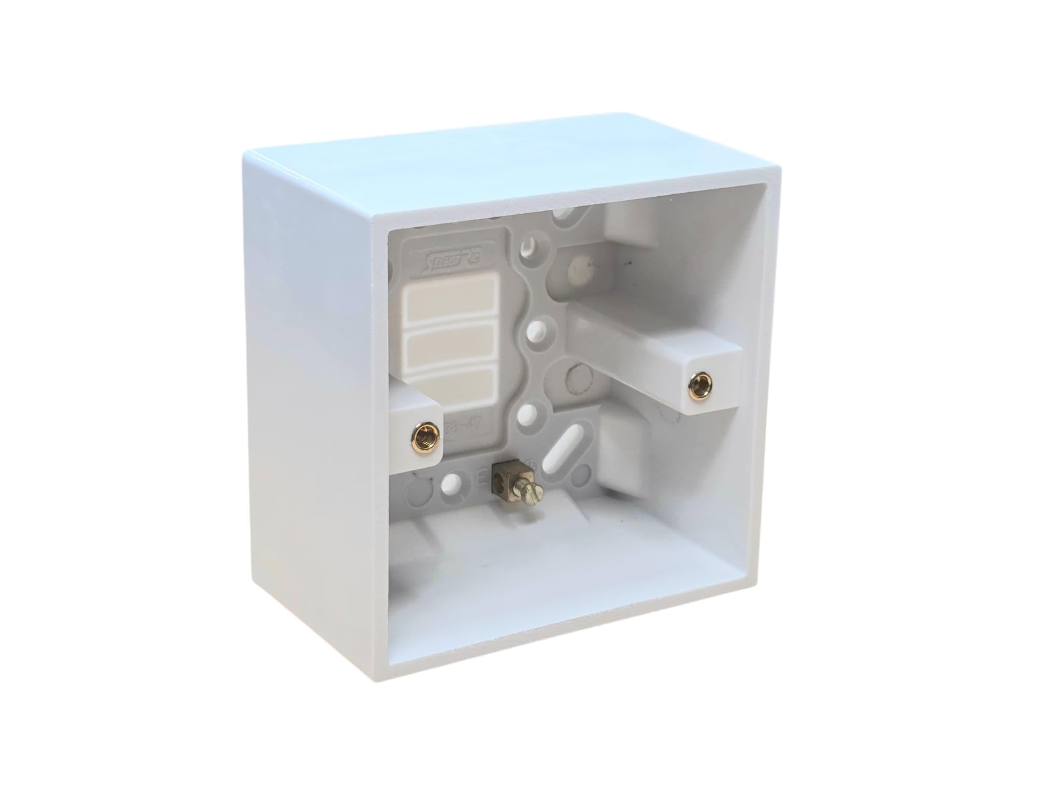 Selectric Square White 1 Gang 47Mm Deep Surface Pattress Back Box Lg838-47, Plastic, Not Water Resistant, Includes Earth Terminal, Knockouts, Compliant With Bs5733