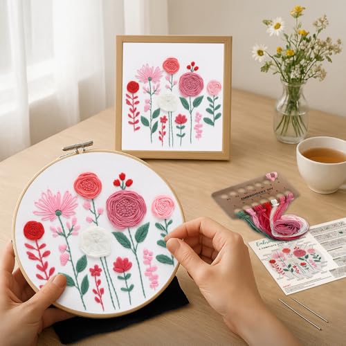 Image of Nuberlic Embroidery Kit for Beginners -Floral Easy Embroidery Kits for Adults Starter Cross Stitch Kit DIY Needlepoint with Step-by-Step Instruction