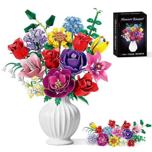 Image of Flower Bouquet Building Set, Compatible with Lego for Adults, 16 Rose Building Block, Artificial Flowers Botanical Collection Kit Home Decor, Gift for Her (907 PCS)