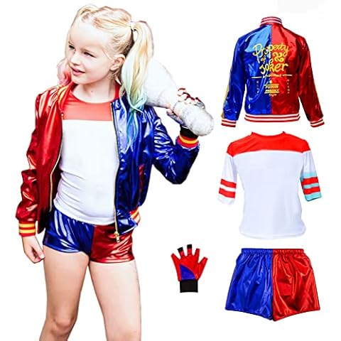 Kitimi Harley Quinn Cosplay Costumes for Kids, 4 Pcs Girls Fancy Dress Halloween Villain Costume Include Jacket, T-shirt, Shorts and Glove for Halloween Carnival Cosplay(120) Cover