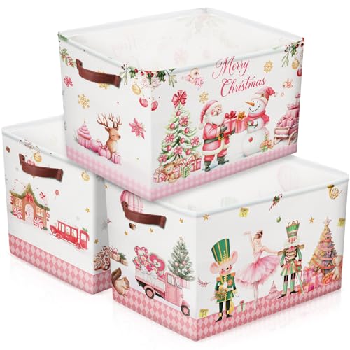 Geelin 3 Pcs Large Christmas Baskets 15 x 11 x 9.5 Inch Empty Xmas Storage Bin with Handles Collapsible Waterproof Extra Big Foldable Gift Basket for Office Home Bedroom Cloth Toy Gift(Rustic)