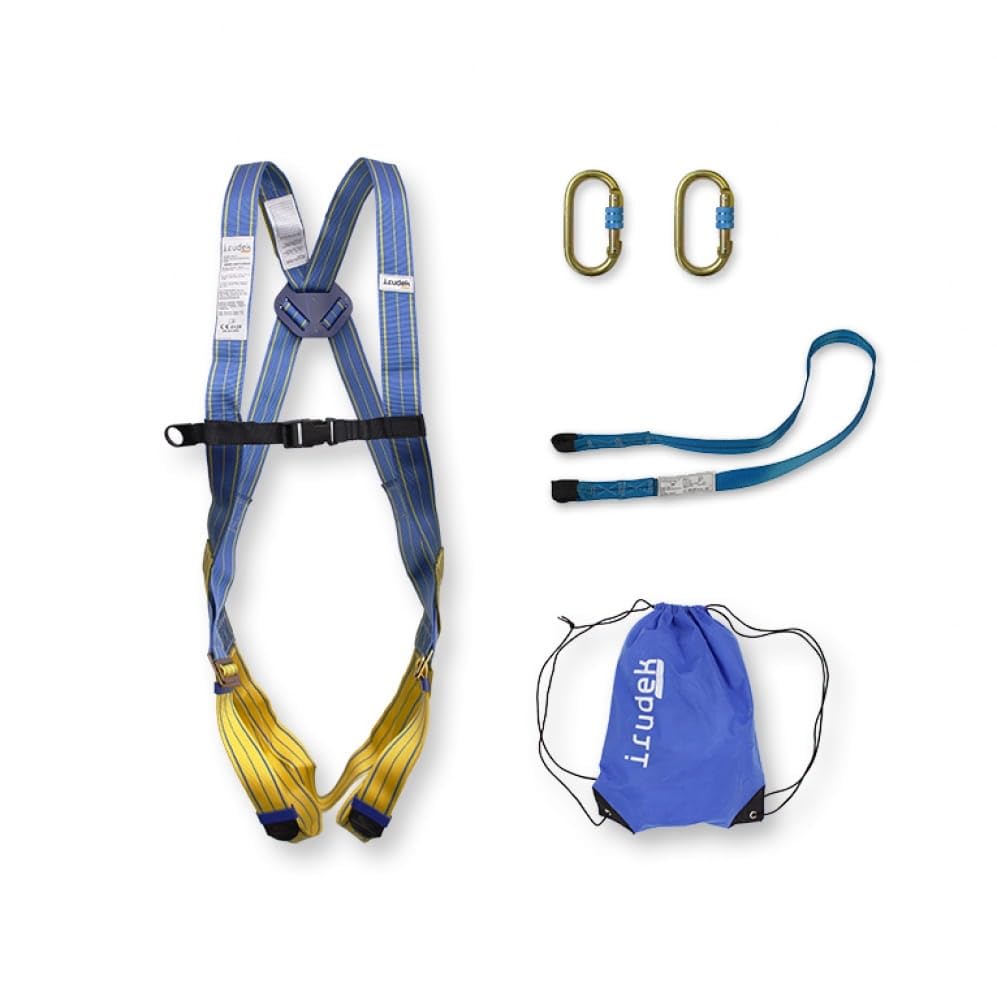 Irudek KIT HIMALAYA ECO – Zestaw asekuracyjny do pracy na wysokości z uprzężą Light Plus 1, taśmą ograniczającą 1 m, 2 karabińczykami stalowymi i torbą