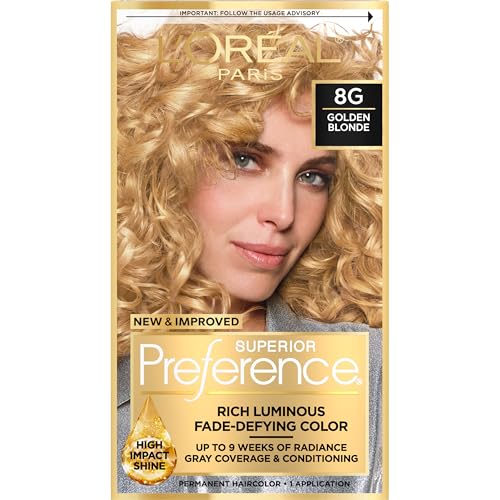 L'Oreal Paris Superior Preference Luminous Fade-Defying Permanent Hair Color, Hair Dye For Up to 9 Weeks of Radiance, Golden Blonde 8G, 1 Hair Dye Kit
