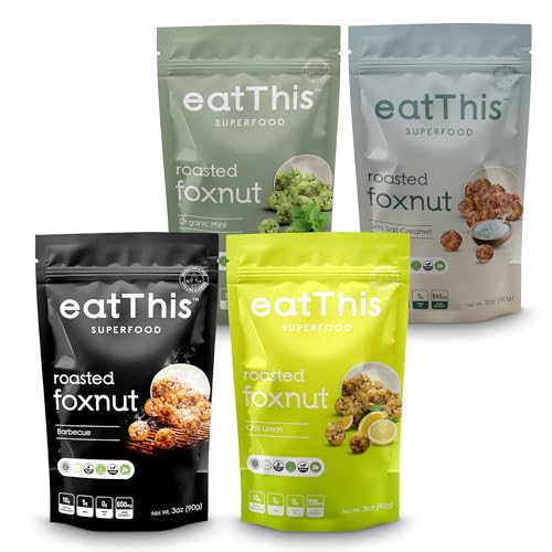 eatThis Superfood Roasted Foxnuts (Makhana) Variety Pack | Crunchy Healthy Snack | Olive Oil Roasted | 4 Bold Flavors | Vegan, Gluten Free, Non-GMO | Pack of 4-12 oz