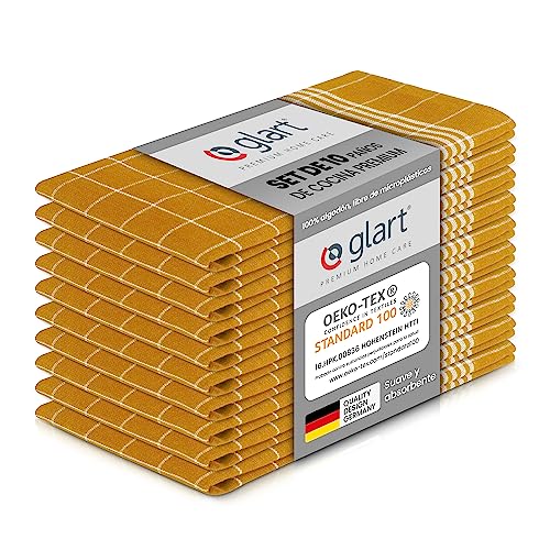 Set de 10 paños de cocina Glart 48YI2 de 50x70 cm, 100% algodón, en amarillo, certificado OEKO-TEX Standard 100, sin pelusa, lavable, prelavado para la cocina y lavado de platos.