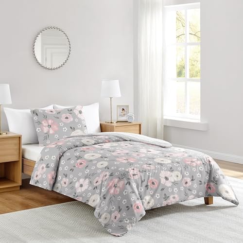 Image of Sweet Jojo Designs 2-Piece Twin Comforter Set (Grey Watercolor Floral) for Girls, Teen Kids Bedding, Bed in a Bag incl. Blanket & Pillow Sham (Shabby Chic, Rose Flower, Farmhouse, Bohemian, Polka Dot)