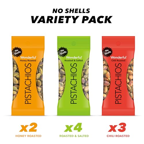 Wonderful Pistachios 0014113700245 No Shells, 3 Flavors Mixed Variety Pack Of 9 (0.75 Ounce), Roasted & Salted Nuts (4), Chili Roasted (3), Honey Roasted (2), Protein Snacks, On-The-Go, Individually Wrapped Healthy Snacks thumb #1
