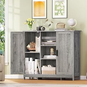 Storage Cabinet with 2 Doors and 4 Storage Shelves, Bathroom Cabinet, Buffet Cabinet, Coffee Bar for Living Room, Home Office, Entryway, Grey Storage Cabinet with 2 Doors and 4 Storage Shelves Bathroom Cabinet Buffet Cabinet Coffee Bar for Living Room Home Office Entryway Grey