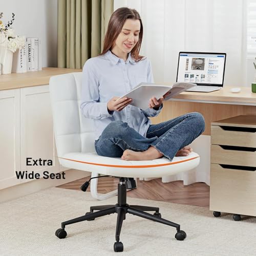 Image of Nutech Decor Armless Office Desk Chair - Linen Fabric Padded Swivel Adjustable Home Office Chair with 360 Wheels, Wide Criss Cross for Desk, Living Room (ND-Pu-ivorywhite-Wheel)