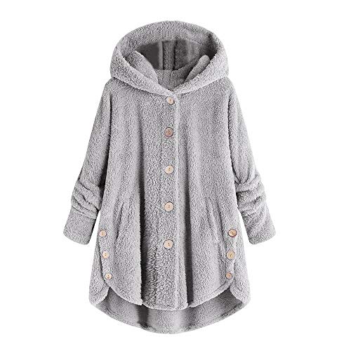 ZJRXM Fleece Jacket for Women Pullover Hoodie Fluffy Fuzzy Hooded Sweatshirt Button Down Solid Warm Winter Outwear Gray