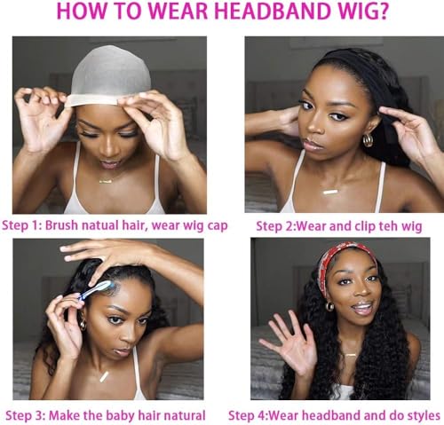 Image of WENYAN Deep Wave Headband Wig Human Hair 16 Inch Curly Glueless Wigs #1B