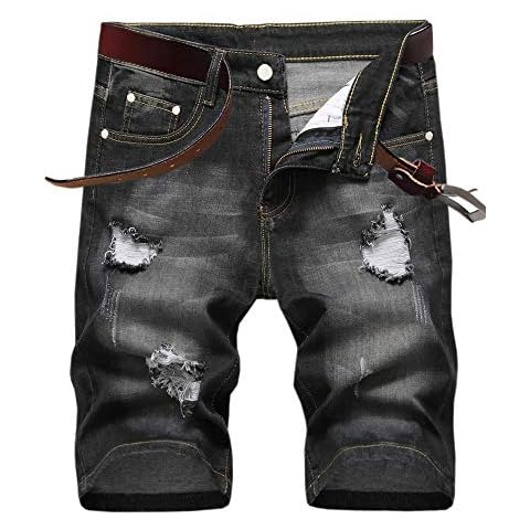 SHOOYING Men's Denim Short Summer Stretch Ripped Holes Short Casual Holiday Jean Shorts with Pockets, C-Black, US 32 Cover