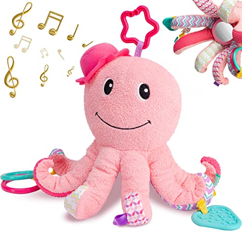 Image of Sumobaby Infant Baby Musical Stuffed Animal Activity Soft Toys, Baby Teething Toys with Multi-Sensory Crinkle, Rattle and Mirror, for Tummy Time Newborn 0-3-6-12 Months Girls, Octopus, Pink