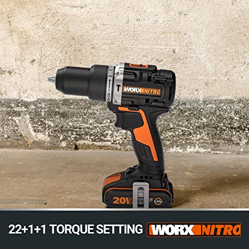 WORX NITRO 18 V (20 V MAX) Cordless Impact Drill WX352.4 Power Share Brushless Battery 60 Nm Speed Dimmer LED Lighting 2 x 2.0 Ah Batteries Included