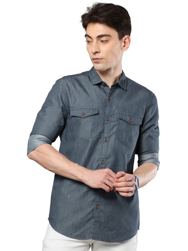 STREETKING Street King Men Dark Grey Denim Double Pocket Casual Regular Fit Shirts L-Size